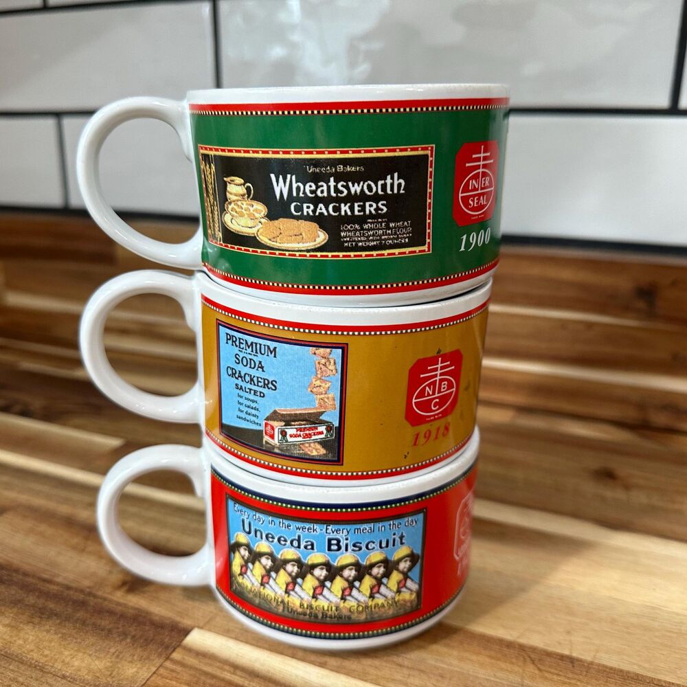 3 Nabisco Cracker History Soup Mugs Vtg Promo Mugs Highlighting 1900, 1918, 1920